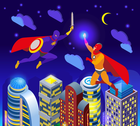 Super heroes during night fight over illuminated sky scrapers isometric composition vector illustrationのイラスト素材
