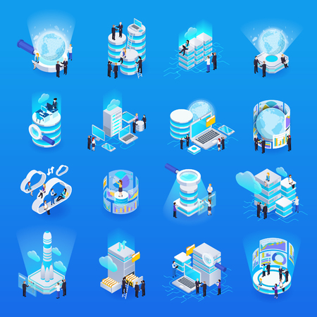 Big data transfer processing analysis storage concept symbols isometric glow icons set blue background isolated vector illustrationのイラスト素材