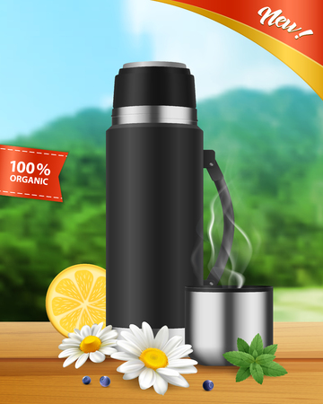 Black realistic insulated vacuum flask with hot organic beverage in stainless lid cup landscape background vector illustrationのイラスト素材