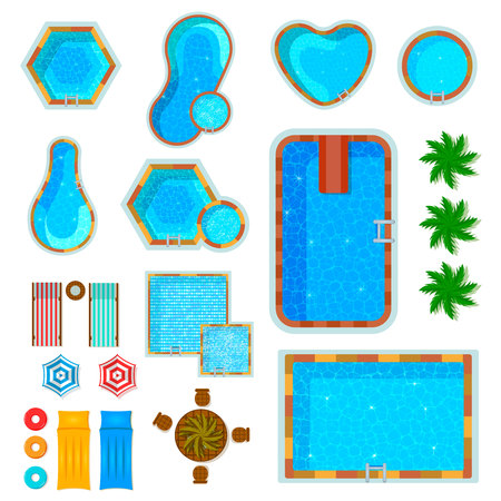 Set of flat icons swimming pools top view with palm trees loungers air mattresses isolated vector illustrationのイラスト素材