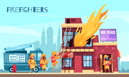 Firefighter horizontal composition with outdoor scenery and flat images of burning urban building and fire brigade vector illustrationのイラスト素材
