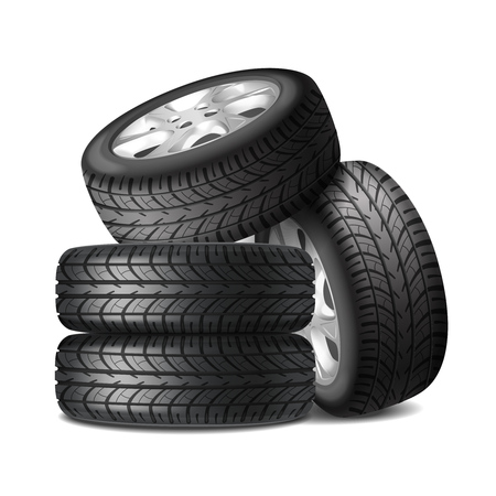 Complete set of car wheels with alloy rims and new tires realistic composition vector illustrationのイラスト素材