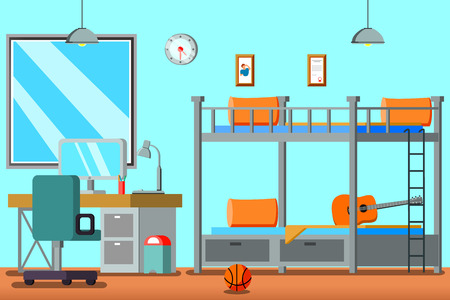 Teen room for boy flat composition with bunk bed desk with computer pictures on wall vector illustrationのイラスト素材