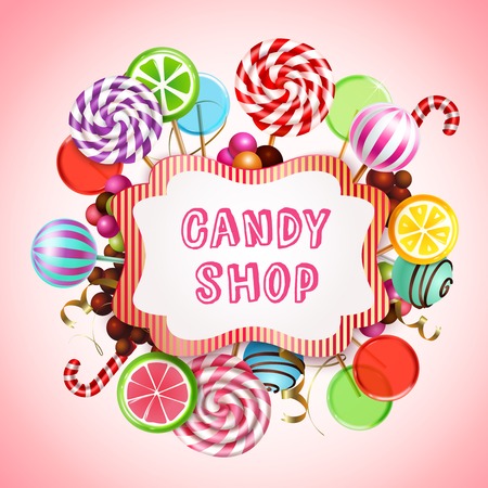 Candy shop composition with realistic images of sweet caramel products and lollies with text in frame vector illustrationのイラスト素材