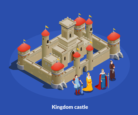 Medieval kingdom fortified castle with stone walls towers isometric composition with king queen bishop knight vector illustrationのイラスト素材