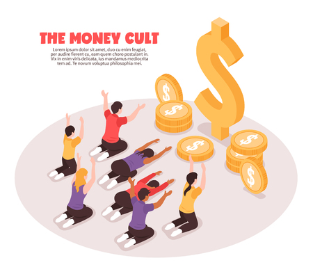 Isometric religious money cult background composition with people prostrating themselves before coin images and dollar signs vector illustrationのイラスト素材