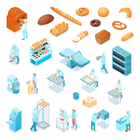 Isometric bakery icons set with bakers and confectioners making bread cakes pizza pastry isolated on white background 3d vector illustrationのイラスト素材