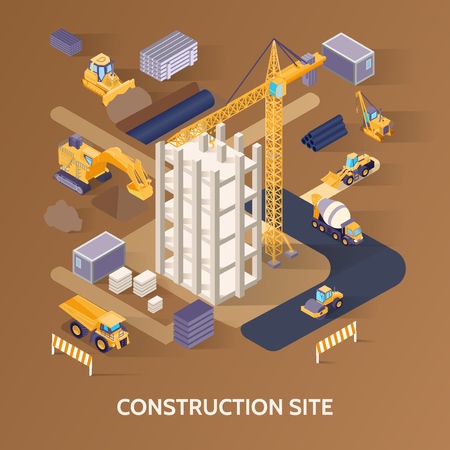 Construction building site material and machinery isometric concept on brown background 3d vector illustrationのイラスト素材