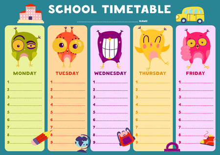 Colorful blank school timetable template with emotional owls flat vector illustrationのイラスト素材