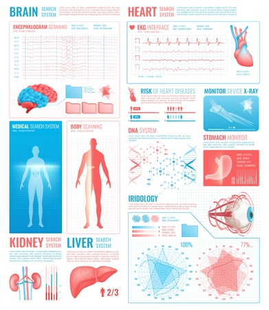 Medical interface elements with body scanning brain and heart search system symbols flat isolated vector illustrationのイラスト素材