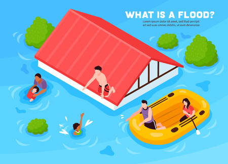 What is flood isometric poster with people leaving their  house on inflatable boat vector illustrationのイラスト素材