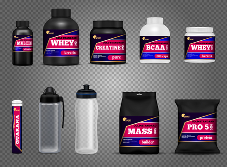 Fitness drink bottles sport nutrition protein containers packages black white  realistic dark transparent set isolated illustrationのイラスト素材