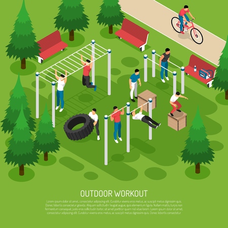 Workout at sports equipment with jumps wheel lifting pull ups in summer park isometric vector illustrationのイラスト素材