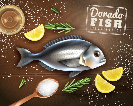 Cooking of dorado fish with spices, lemon and salt on wooden texture background vector illustrationのイラスト素材