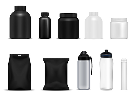 Fitness drink bottles sport nutrition protein containers packages black white  metal plastic realistic set isolated vector illustrationのイラスト素材