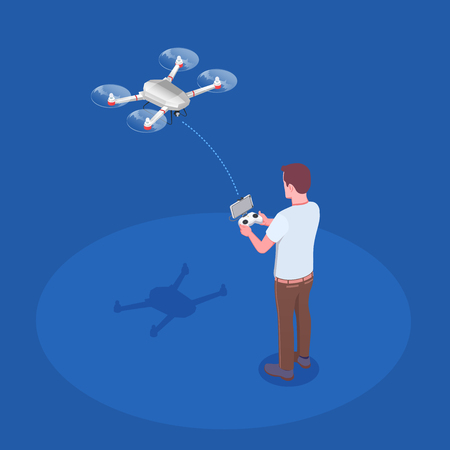 Man piloting quadcopter drone with hand held transmitter remote controlling flight isometric composition blue background vector illustrationのイラスト素材