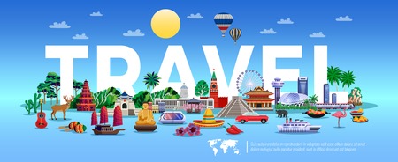 Travel and tourism poster with resort and sightseeing symbols flat vector illustrationのイラスト素材