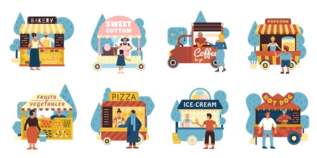Street food icons set with sellers and buyers symbols flat isolated vector illustrationのイラスト素材