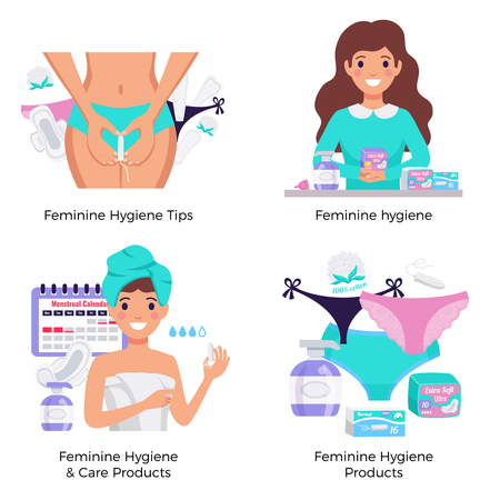 Feminine hygiene products tips 4 flat composition concept with pads tampons panty liners period calendar vector illustrationのイラスト素材