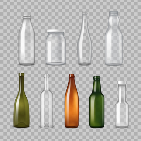 Empty different shapes and colors glass bottles for various applications transparent set realistic vector illustrationのイラスト素材