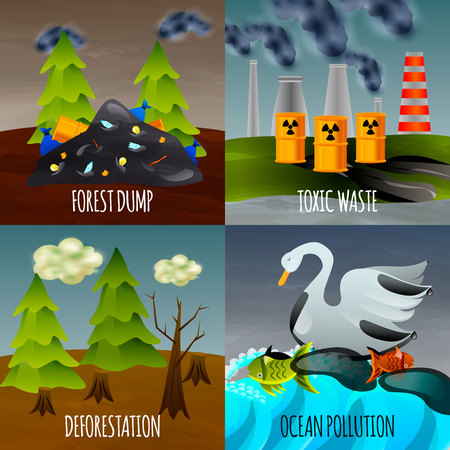 Ecological problems flat design concept with toxic waste garbage dumps deforestation and ocean pollution isolated vector illustrationのイラスト素材