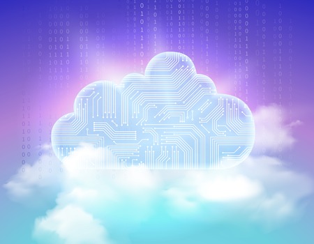 Safe data storage service shining electronic circuits cloud symbol above realistic sky radiant...