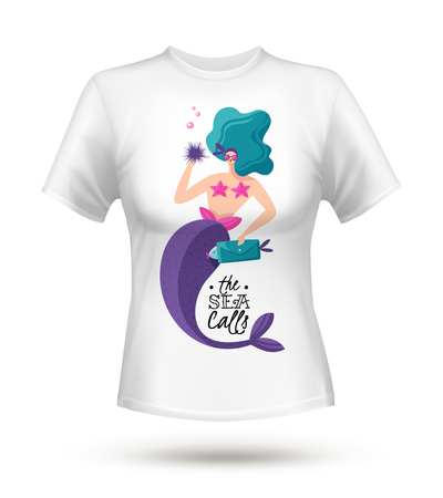 White cotton tricot t-shirt with large fabulous green haired sexy mermaid digital print design vector illustrationのイラスト素材