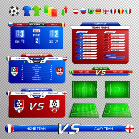 Set of soccer broadcast elements with tournament tables, country flags, fields, isolated on transparent background vector illustrationのイラスト素材