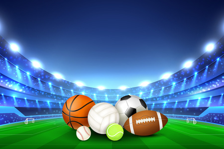 Balls for different team sport games collected in center of stadium playing field and tribunes illumined by floodlights realistic vector illustrationのイラスト素材