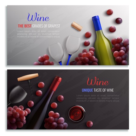 Wine realistic horizontal banners with advertising of drinks made from best grades of grapes vector illustrationのイラスト素材