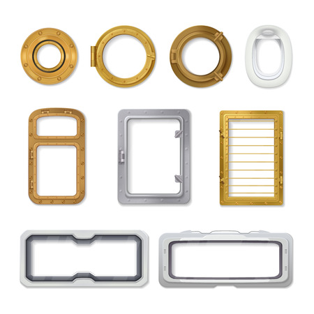 Isolated colored porthole realistic icon set in different shapes and various types of use vector illustrationのイラスト素材