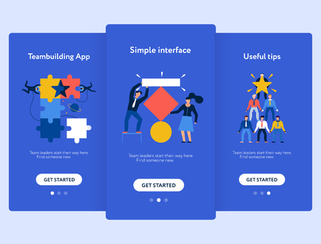 Teamwork mobile screen set with interface and tips symbols flat isolated vector illustrationのイラスト素材