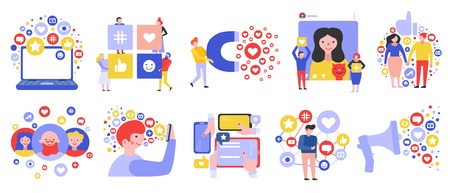 Social media network groups communication symbols flat compositions set with dating chatting photo...