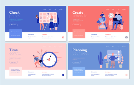 Time management planning process organizing effective schedule control check points 4 flat banners concept isolated vector illustrationのイラスト素材