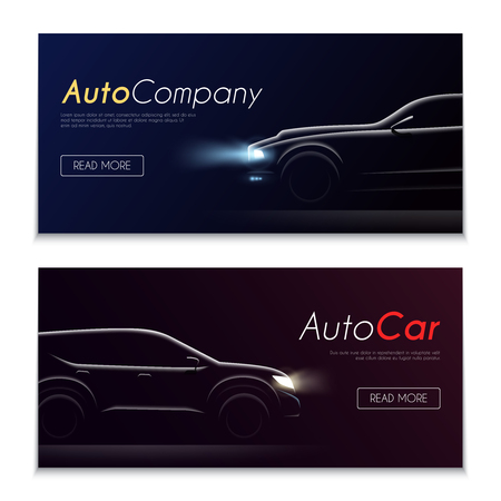 Set of two horizontal realistic car profile dark banners with clickable buttons editable text and automobile images vector illustrationのイラスト素材