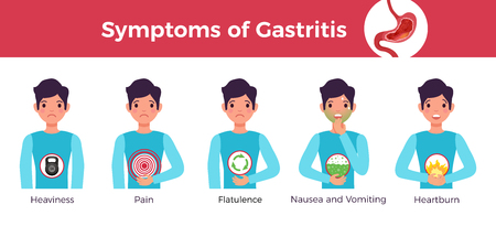 Main gastritis symptoms flat horizontal infographic banner with stomach heaviness pain flatulence nausea vomiting heartburn vector illustrationのイラスト素材