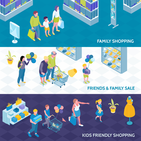 Horizontal isometric banners of family shopping with kids and friends on blue white background isolated vector illustrationのイラスト素材