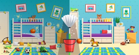 Messy children room with furniture and interior objects before and after cleaning flat vector illustrationのイラスト素材