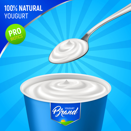Realistic yogurt advertising background with branded plastic cup of natural yoghurt with spoon and editable text vector illustrationのイラスト素材