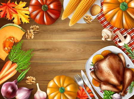 Thanksgiving day still life composition with festive dishes on table turkey corn pumpkin vector illustrationのイラスト素材