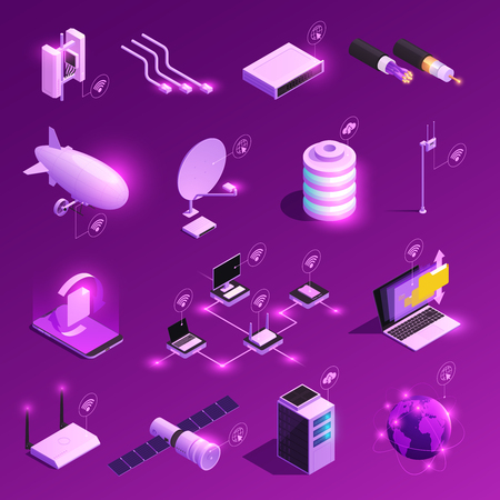 Global network isometric glowing icons of equipment for internet technologyのイラスト素材