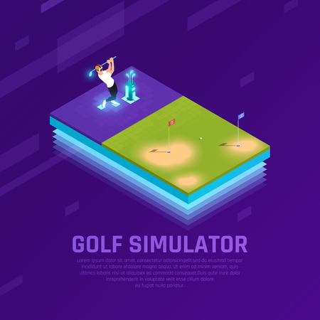 Man in vr headset during training on golf simulator isometric composition on purple background vector illustrationのイラスト素材