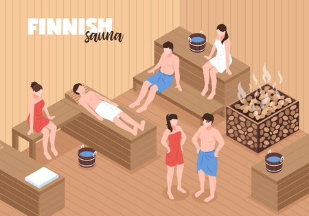 Finnish sauna with men and women on wooden benches and heater with stonesのイラスト素材
