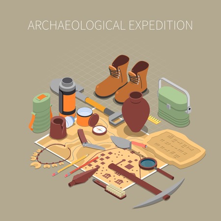 Archaeological expedition concept with ancient remains and artifacts symbolsのイラスト素材