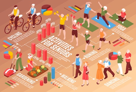 Senior people isometric flowchart with active lifestyle and hobbiesのイラスト素材
