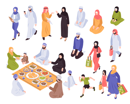 Arab family set with traditional food and shopping symbolsのイラスト素材