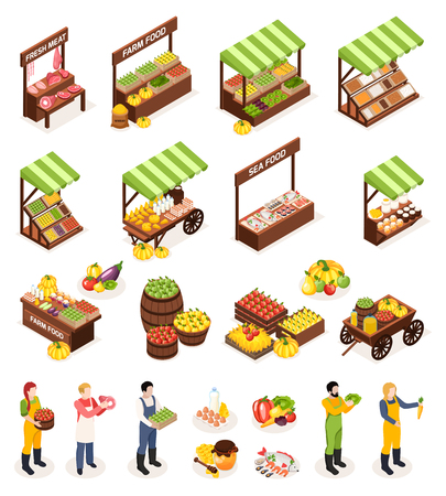 Farmer market isometric icons set of counters boxes casks with fresh meat fruits vegetables dairy and sea produceのイラスト素材