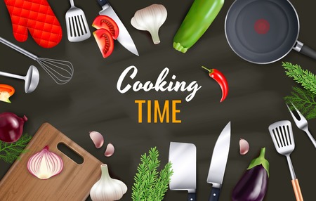 Cooking time background with kitchenware and cookware objects realistic vector illustrationのイラスト素材