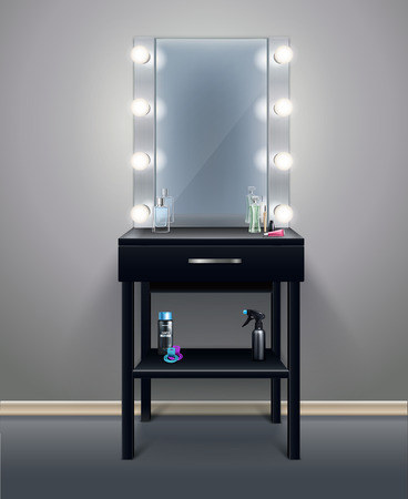 Professional makeup mirror with turned on lights in empty room realistic composition vector illustrationのイラスト素材