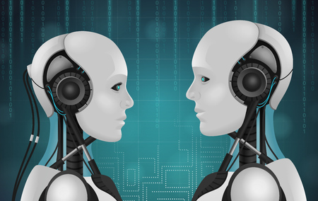 Robot android realistic 3d composition with heads of anthropomorphous characters with wires and plastic faces vector illustrationのイラスト素材